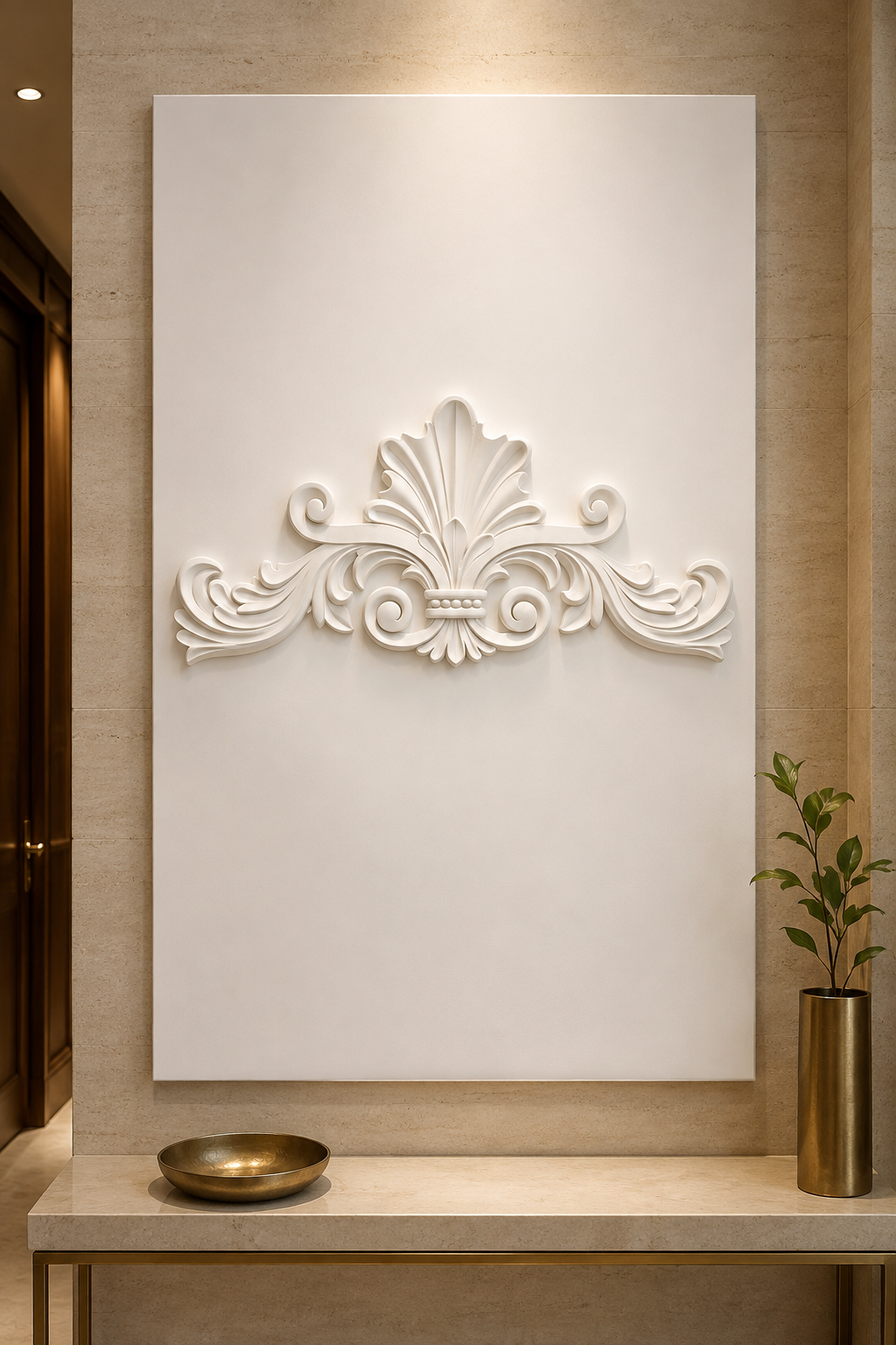 Regal Acanthus Crest satin white Corian wall panel, front view in formal South Mumbai entrance foyer