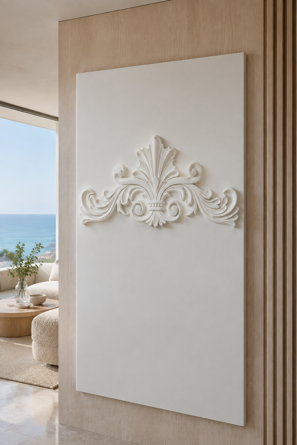 Regal Acanthus Crest satin white Corian wall panel, left view in sea-view Worli living room
