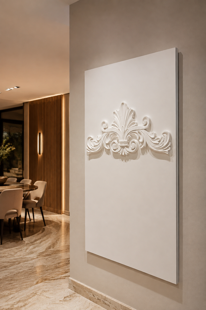 Regal Acanthus Crest satin white Corian wall panel, right view in refined Malabar Hill dining passage