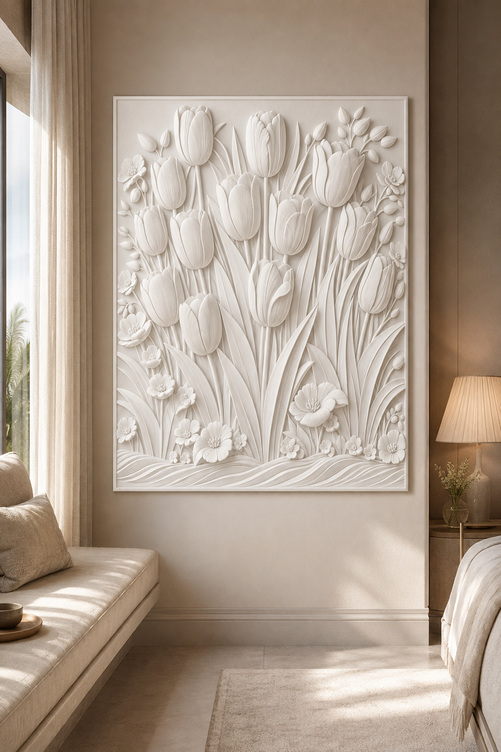 Tulip Meadow satin white Corian wall panel, front view in sunlit Juhu living lounge