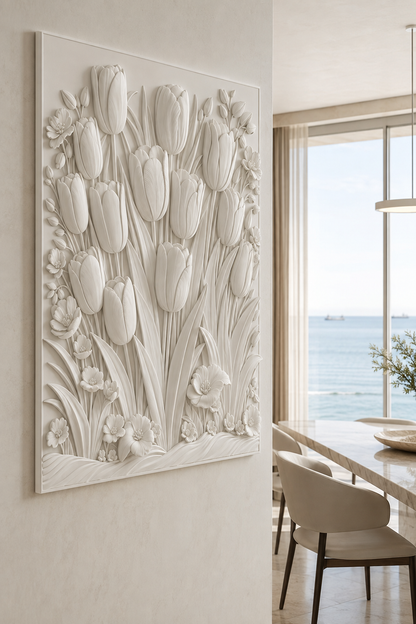 Tulip Meadow satin white Corian wall panel, left view in calm Bandra master bedroom