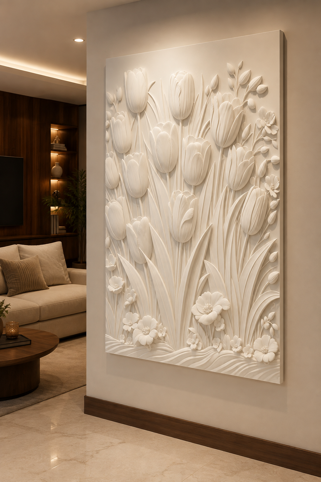 Tulip Meadow satin white Corian wall panel, right view in luxury Powai dining foyer