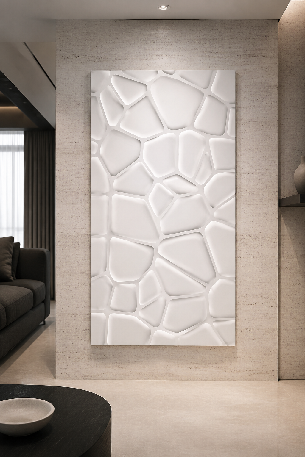 Sculpted Pebble Matrix satin white Corian wall panel, front view in contemporary Lower Parel media lounge