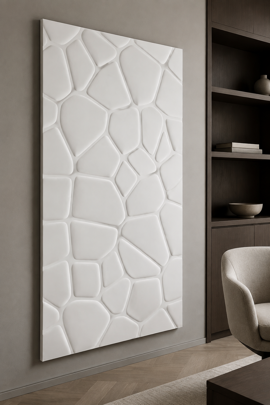 Sculpted Pebble Matrix satin white Corian wall panel, left view in minimal BKC home office