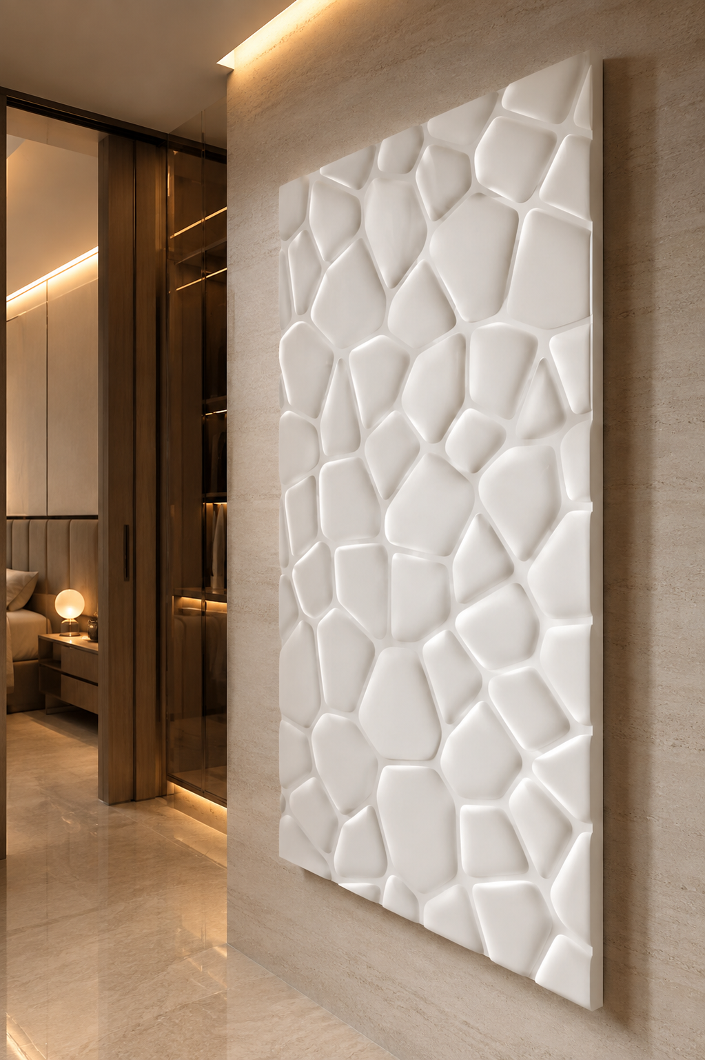 Sculpted Pebble Matrix satin white Corian wall panel, right view in warm Worli corridor gallery
