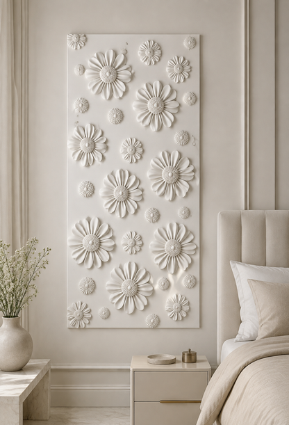 Daisy Constellation satin white Corian wall panel, front view in serene Mumbai master bedroom