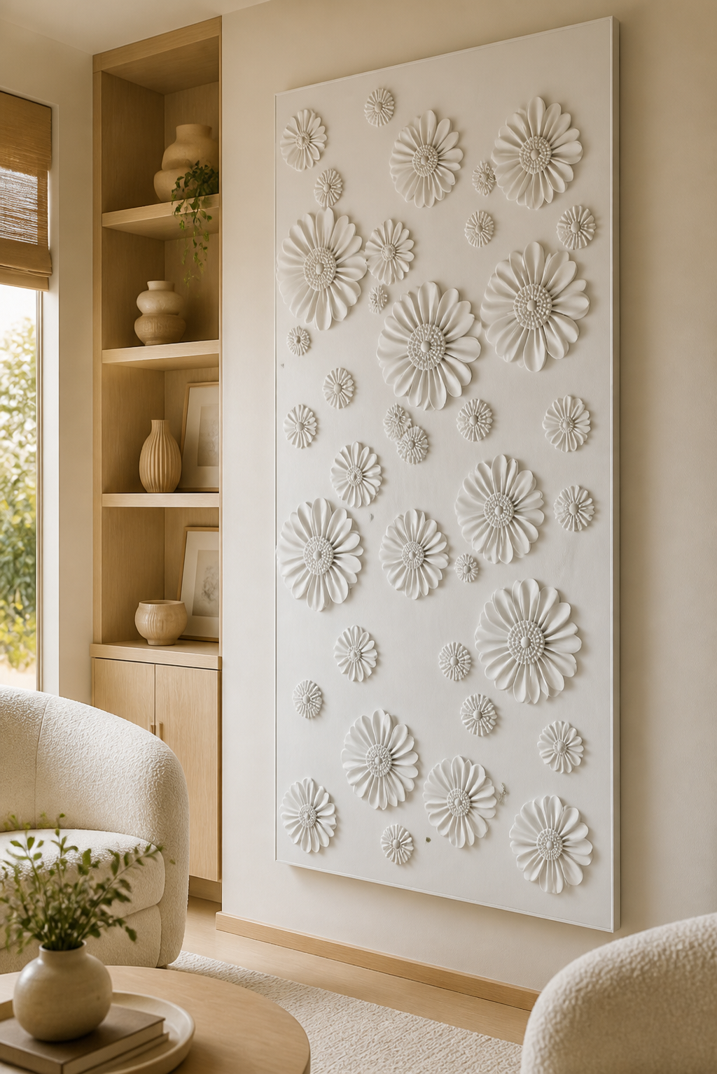 Daisy Constellation satin white Corian wall panel, left view in soft-toned Khar reading lounge