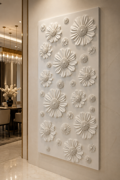 Daisy Constellation satin white Corian wall panel, right view in elegant Andheri dining room