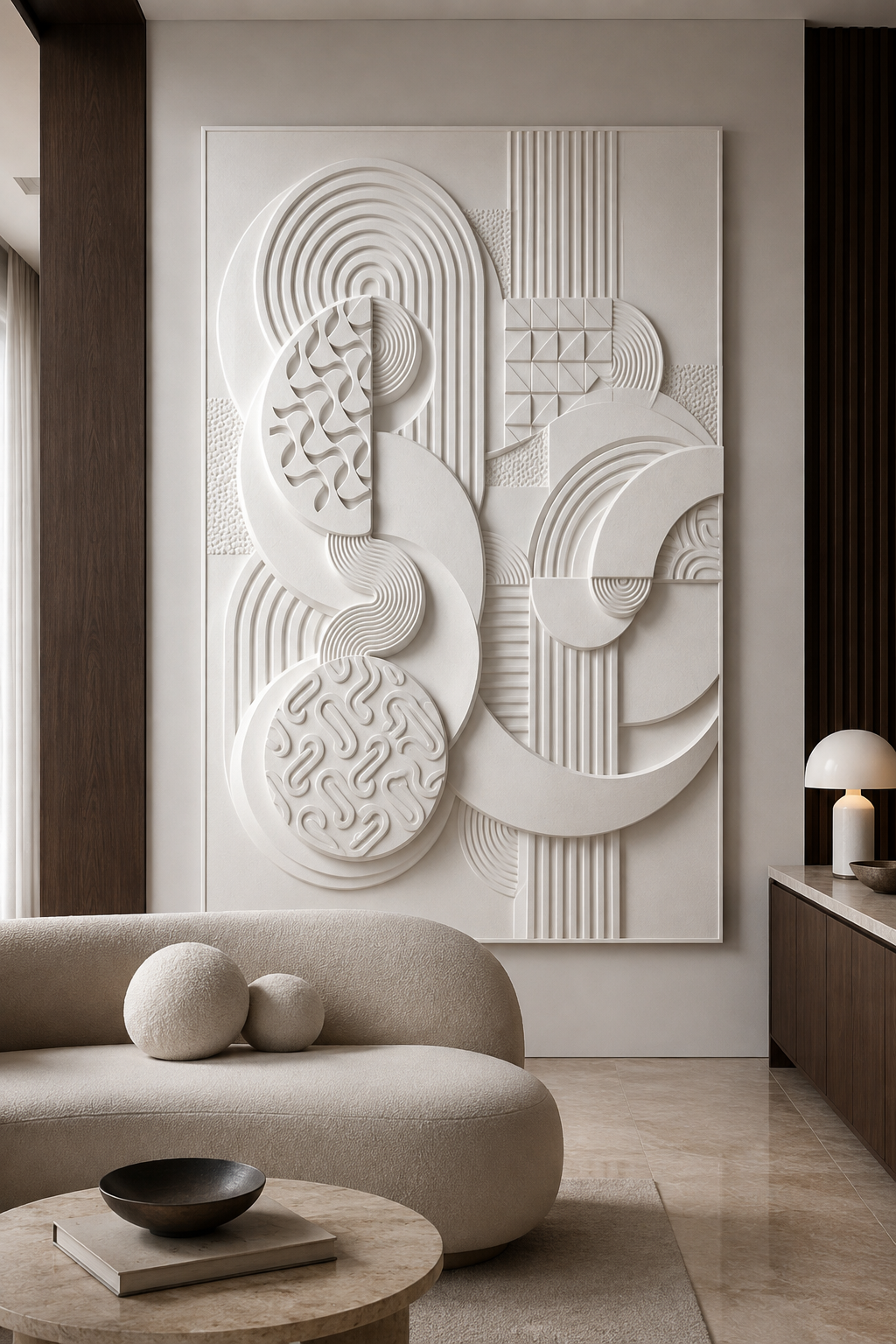 Orbital Form Composition satin white Corian wall panel, front view in art-led Worli living room