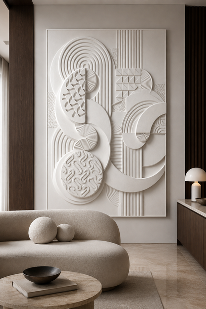 Orbital Form Composition satin white Corian wall panel, front view in art-led Worli living room