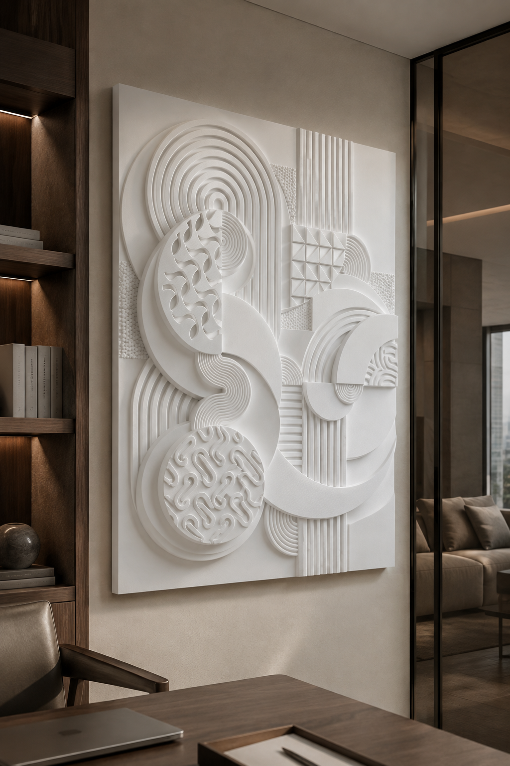 Orbital Form Composition satin white Corian wall panel, left view in sophisticated BKC study lounge