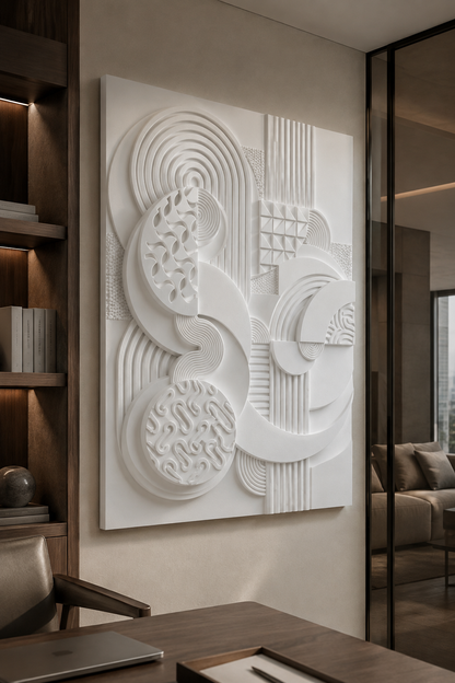 Orbital Form Composition satin white Corian wall panel, left view in sophisticated BKC study lounge