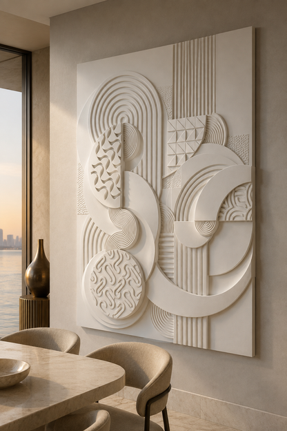 Orbital Form Composition satin white Corian wall panel, right view in contemporary Bandra dining space