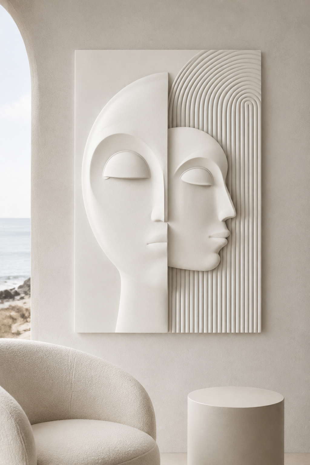 Dual Muse Geometry satin white Corian wall panel, front view in sea-view Marine Drive sitting room