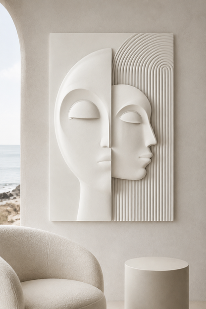 Dual Muse Geometry satin white Corian wall panel, front view in sea-view Marine Drive sitting room