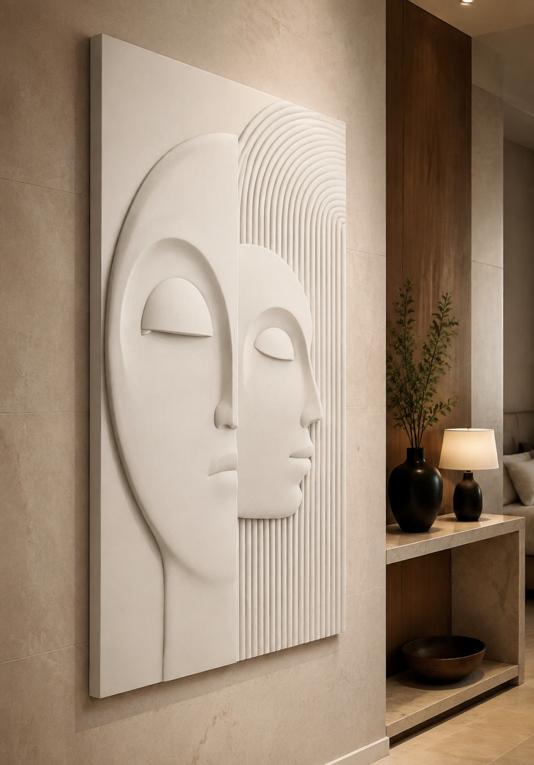 Dual Muse Geometry satin white Corian wall panel, left view in refined South Mumbai entrance gallery
