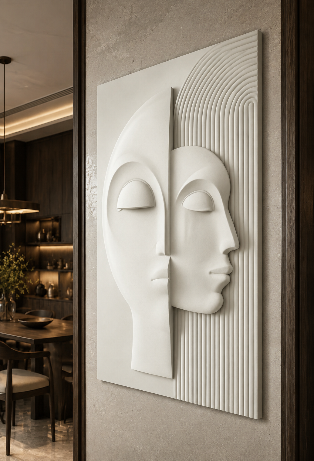 Dual Muse Geometry satin white Corian wall panel, right view in moody Bandra dining lounge