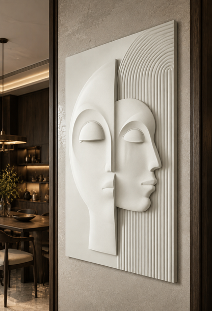 Dual Muse Geometry satin white Corian wall panel, right view in moody Bandra dining lounge