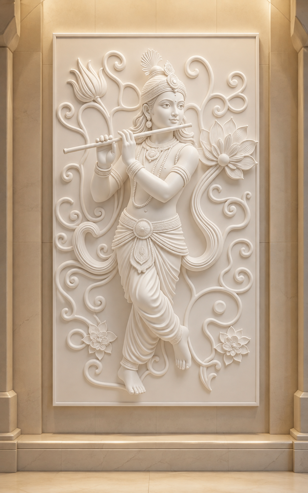 Krishna Lotus Melody satin white Corian wall panel, front view in respectful South Mumbai pooja-room anteroom