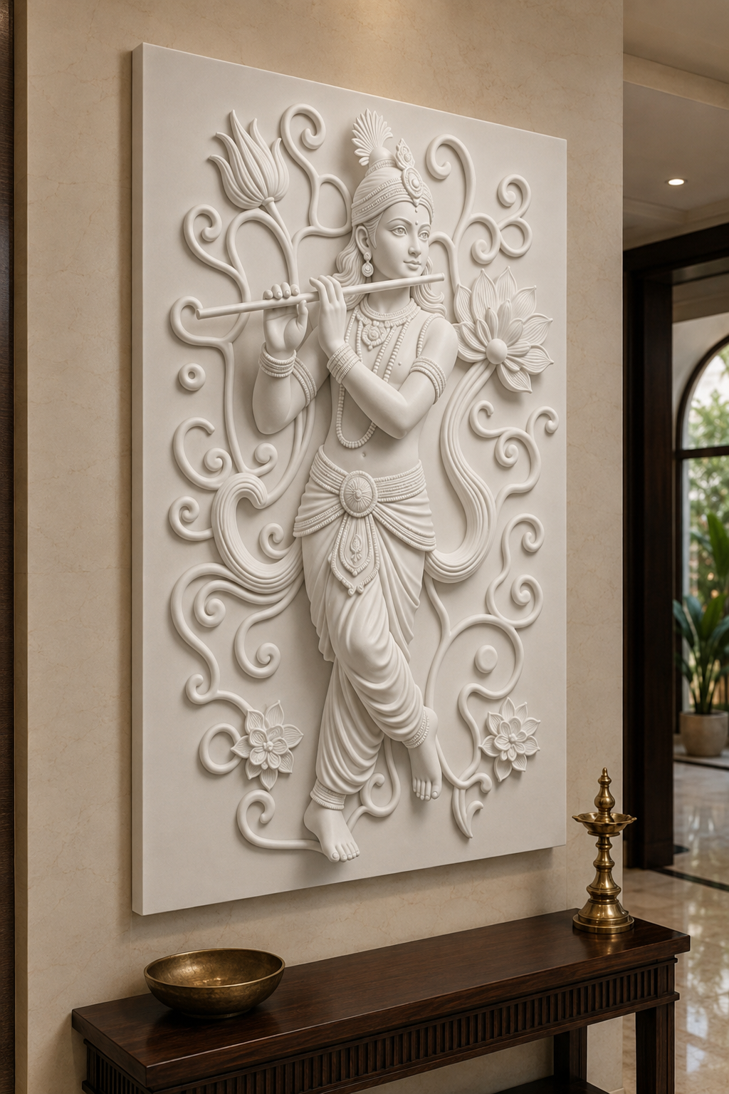 Krishna Lotus Melody satin white Corian wall panel, left view in serene Juhu devotional foyer