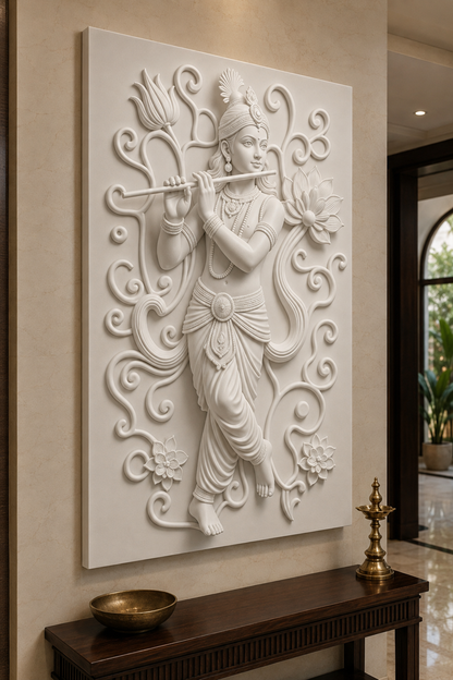 Krishna Lotus Melody satin white Corian wall panel, left view in serene Juhu devotional foyer