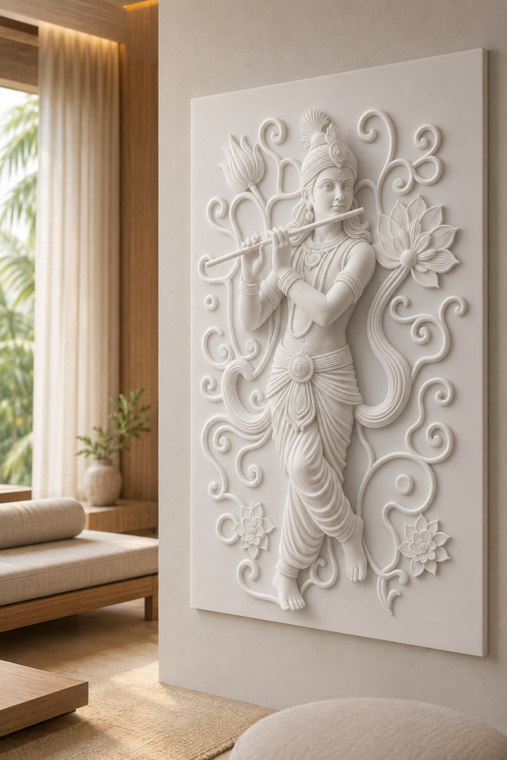 Krishna Lotus Melody satin white Corian wall panel, right view in elegant Mumbai family prayer lounge