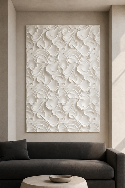 Curling Petal Field satin white Corian wall panel, front view in modern Mumbai living room