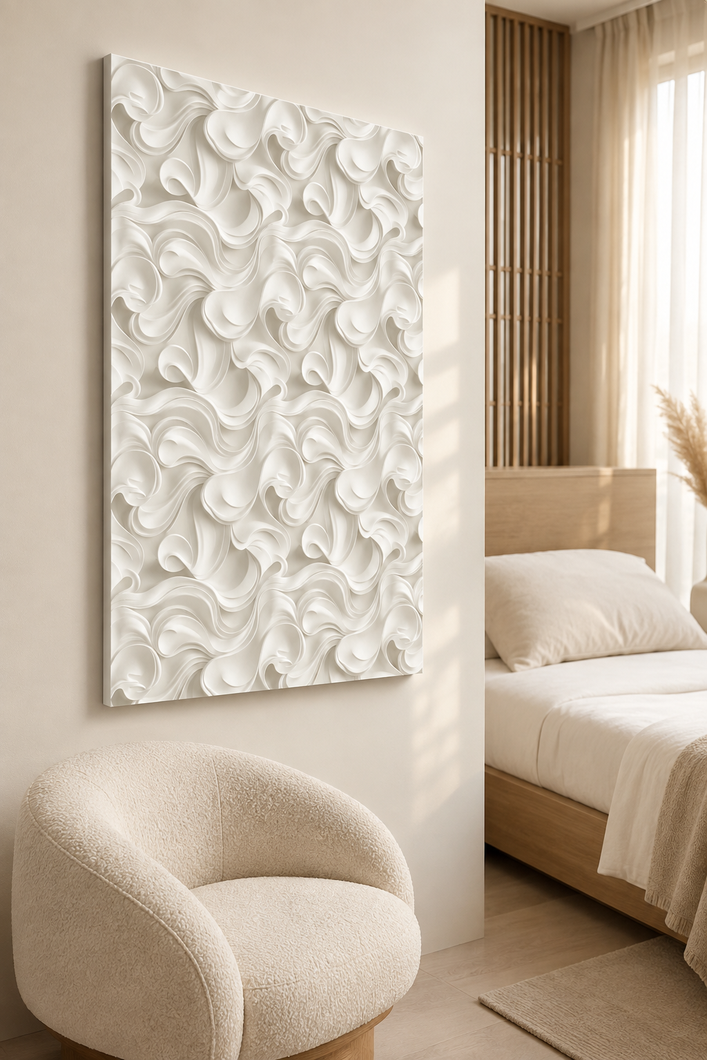 Curling Petal Field satin white Corian wall panel, left view in tranquil Juhu guest bedroom