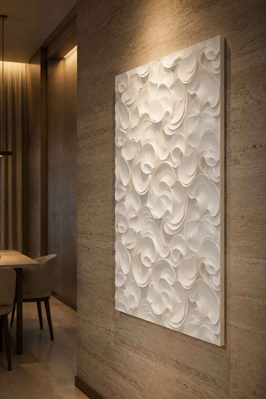 Curling Petal Field satin white Corian wall panel, right view in warm Lower Parel dining lounge