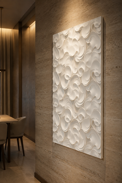Curling Petal Field satin white Corian wall panel, right view in warm Lower Parel dining lounge