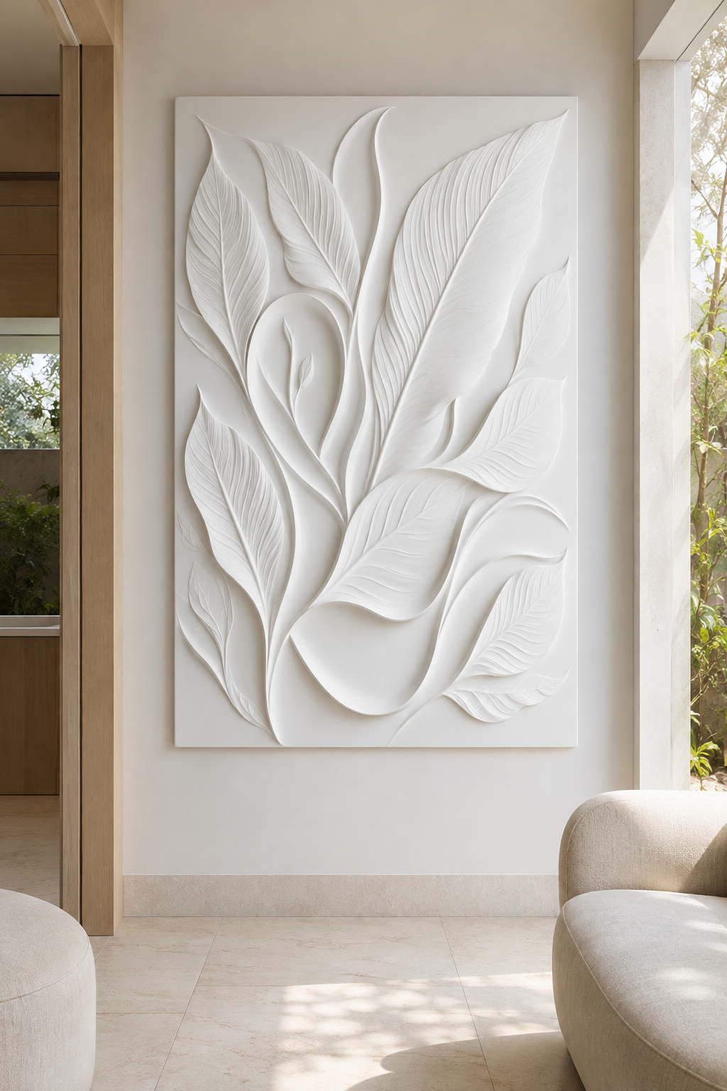 Sculpted Leaf Embrace satin white Corian wall panel, front view in bright Malabar Hill sitting room