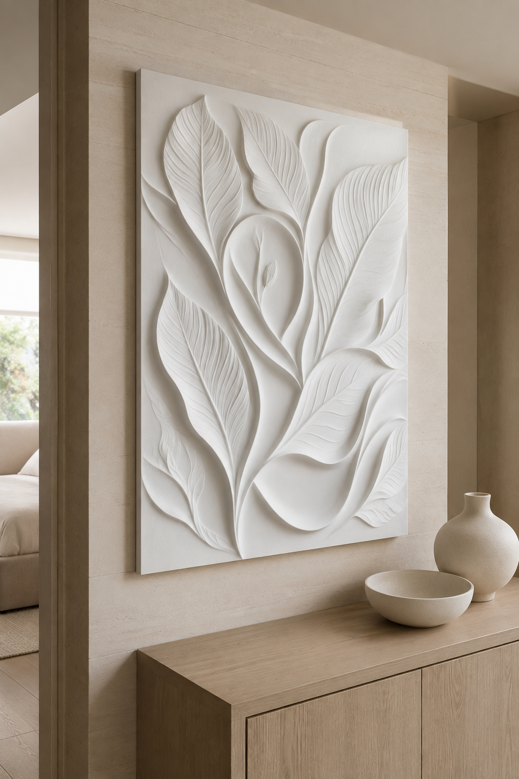 Sculpted Leaf Embrace satin white Corian wall panel, left view in refined Bandra entrance console