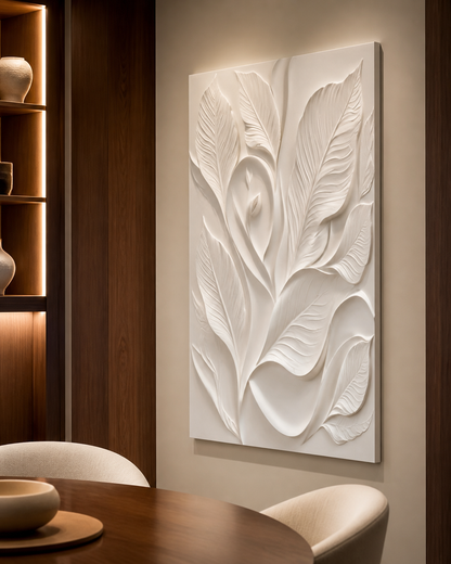 Sculpted Leaf Embrace satin white Corian wall panel, right view in intimate BKC dining room
