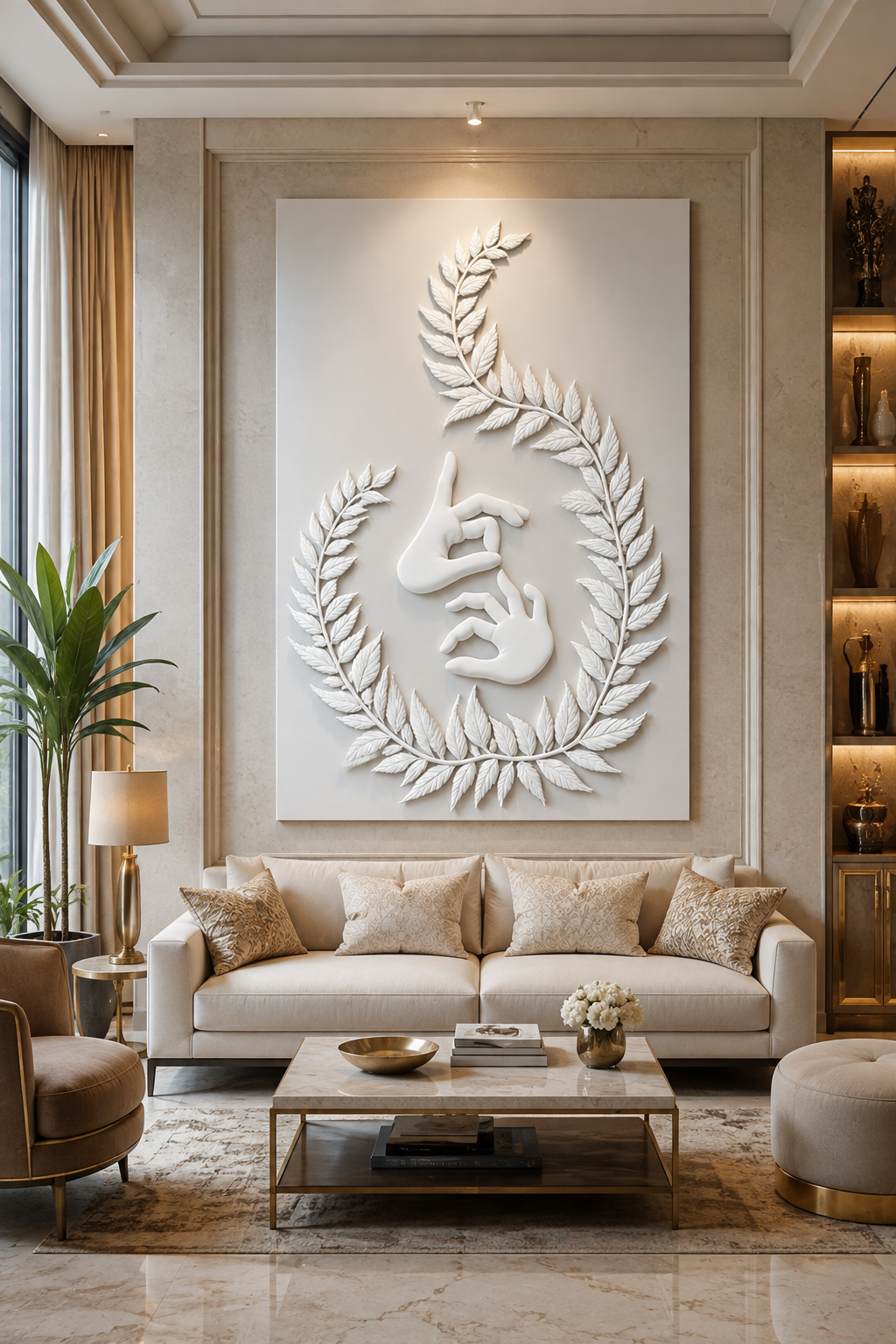 Mudra Laurel satin white Corian wall panel, front view in a luxury Mumbai living room