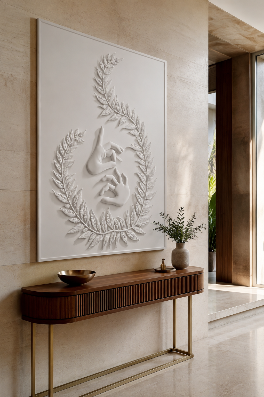Mudra Laurel satin white Corian wall panel, left view in a refined Mumbai entrance foyer