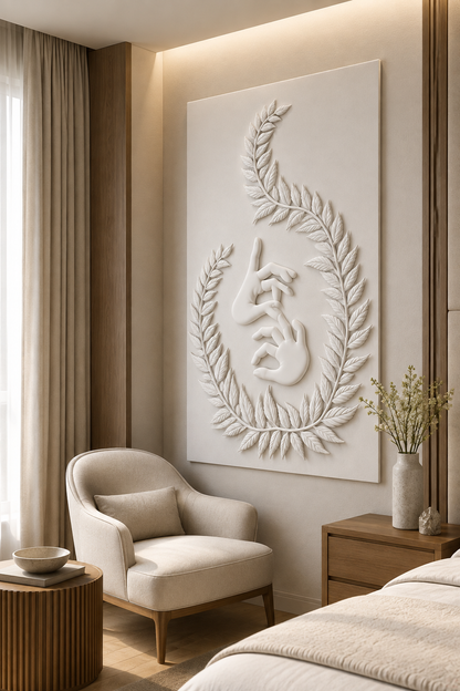 Mudra Laurel satin white Corian wall panel, right view in an elegant Mumbai master-bedroom lounge