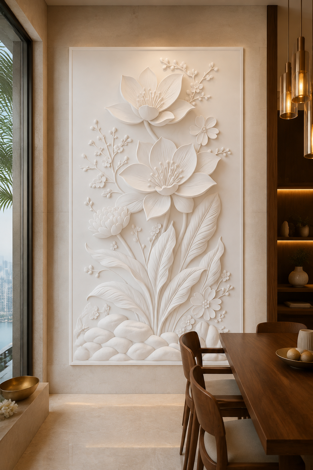 Lotus Garden satin white Corian wall panel, front view in a luxury Mumbai dining room