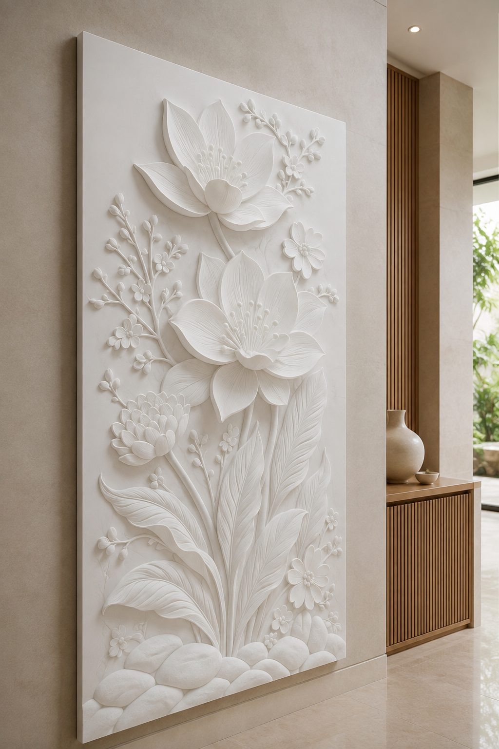 Lotus Garden satin white Corian wall panel, left view in a refined Mumbai pooja-room anteroom