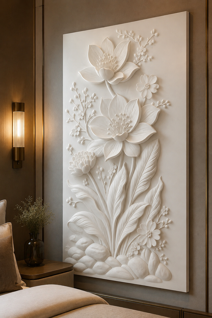 Lotus Garden satin white Corian wall panel, right view in an upscale Mumbai bedroom lounge