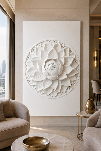 Layered Lotus Mandala satin white Corian wall panel, front view in a grand Mumbai living room