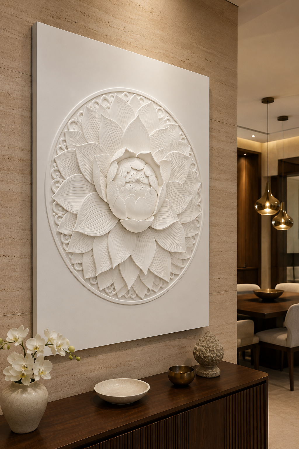 Layered Lotus Mandala satin white Corian wall panel, left view in a luxury Mumbai dining foyer