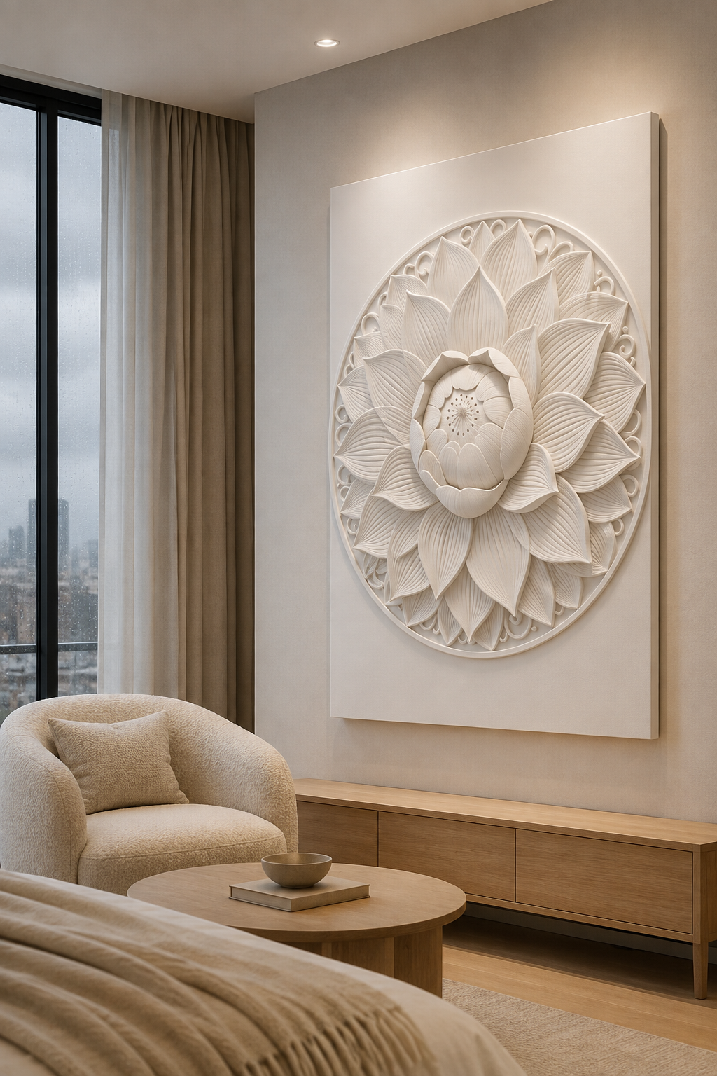 Layered Lotus Mandala satin white Corian wall panel, right view in a serene Mumbai master-bedroom sitting area