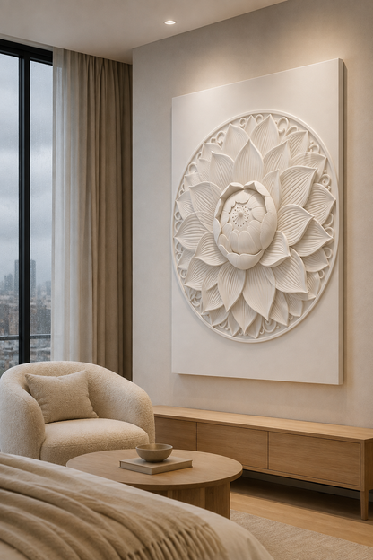 Layered Lotus Mandala satin white Corian wall panel, right view in a serene Mumbai master-bedroom sitting area