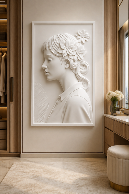 Floral Muse Profile satin white Corian wall panel, front view in a sophisticated Mumbai dressing lounge