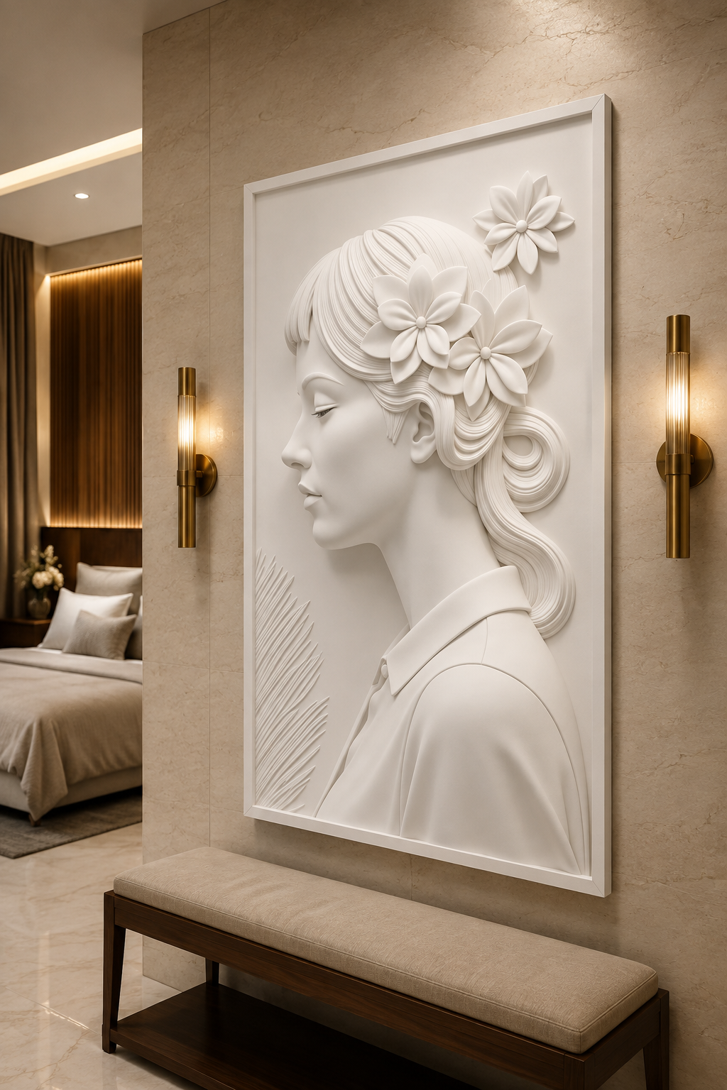 Floral Muse Profile satin white Corian wall panel, left view in an elegant Mumbai master-bedroom foyer
