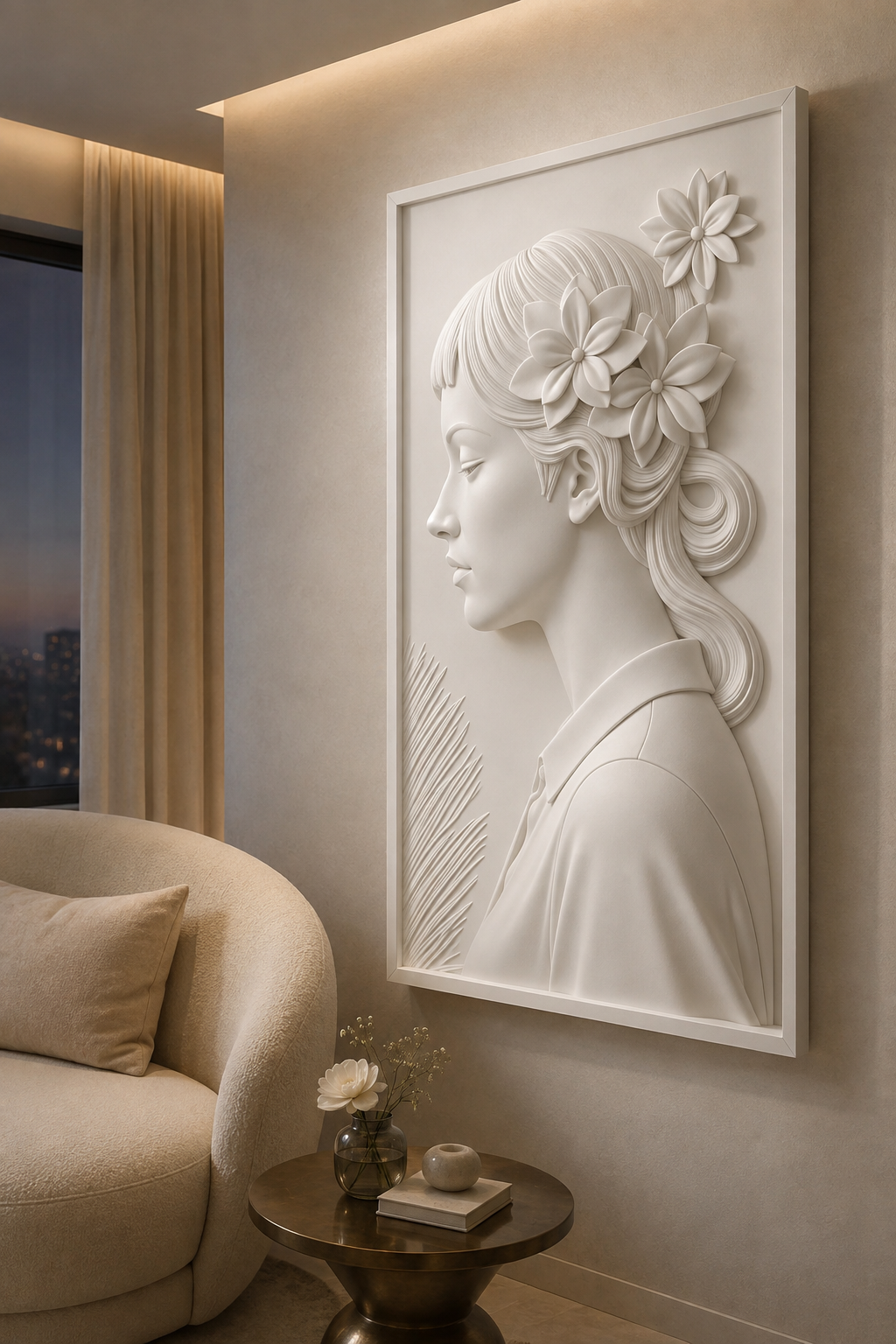 Floral Muse Profile satin white Corian wall panel, right view in a refined Mumbai salon corner
