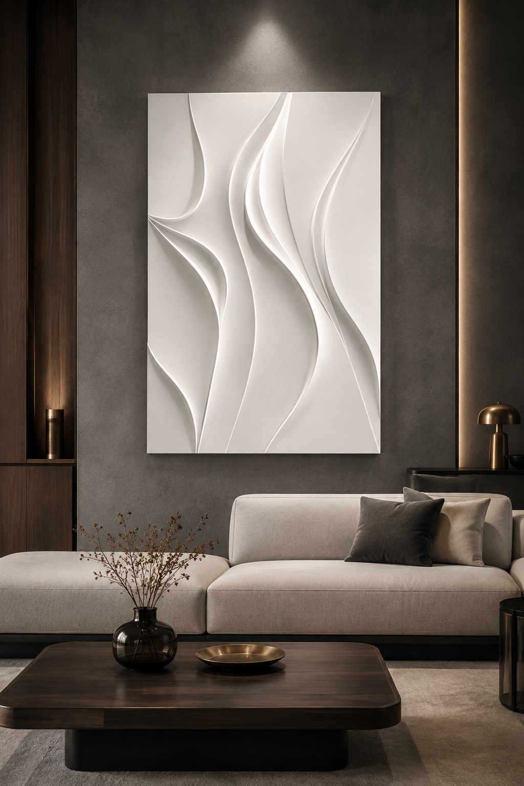 Sinuous Flame satin white Corian wall panel, front view in a contemporary Mumbai living room