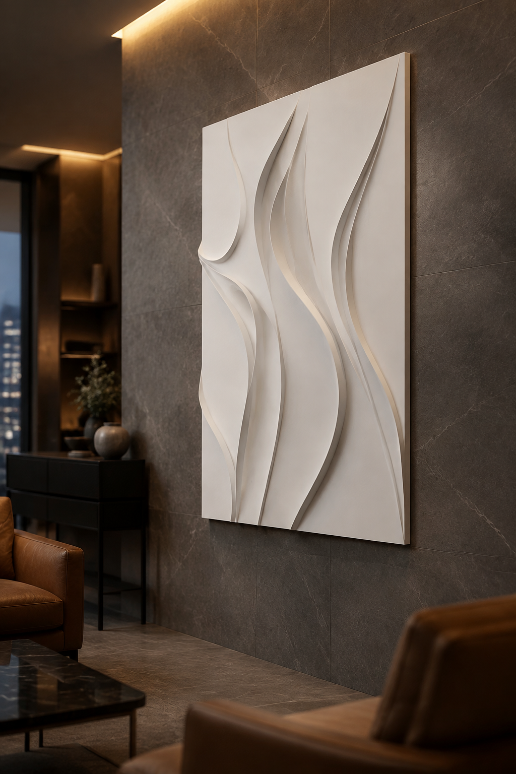 Sinuous Flame satin white Corian wall panel, left view in an upscale Mumbai media lounge