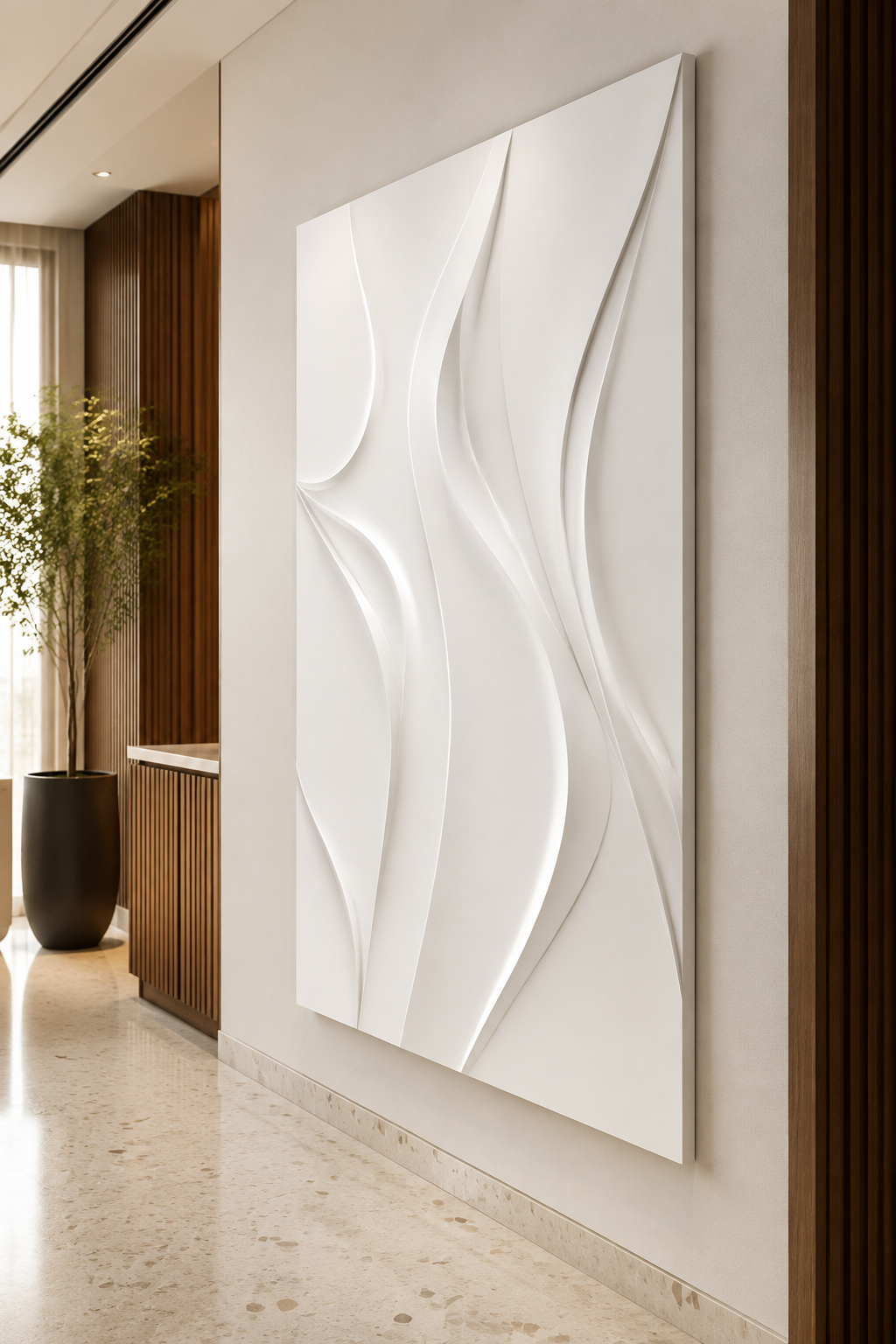 Sinuous Flame satin white Corian wall panel, right view in a refined Mumbai corridor gallery