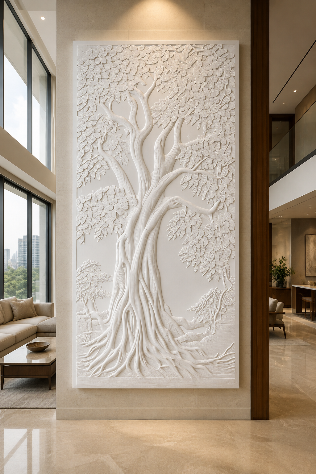 Rooted Canopy satin white Corian wall panel, front view in a grand Mumbai duplex living room